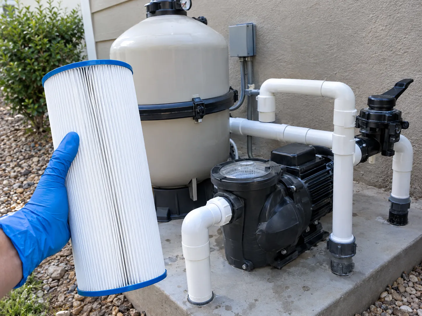 Freshly cleaned pool filter cartridge held beside pool equipment