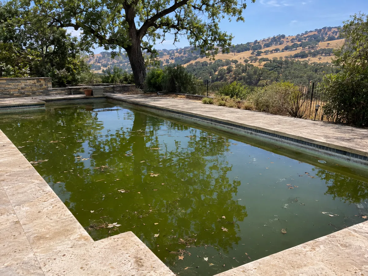 Example: residential pool with murky green algae water before service